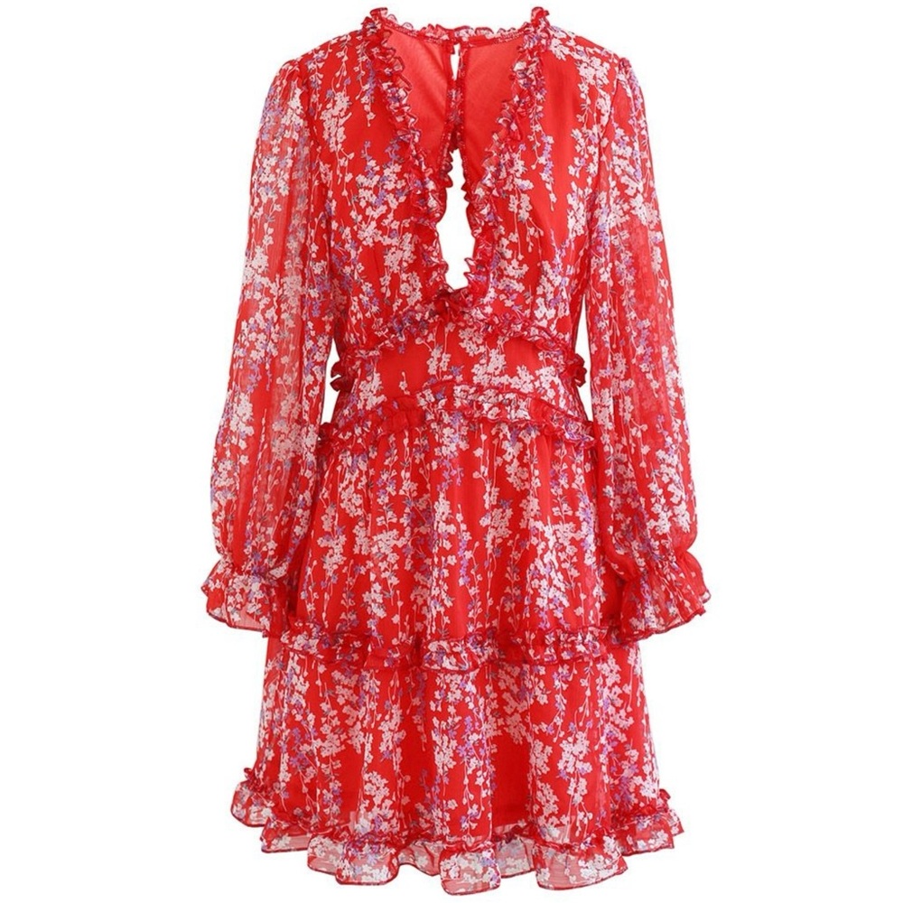Saints And Secrets Mini Dress Red Tiered Flounce Open Back NWOT Women’s Size S